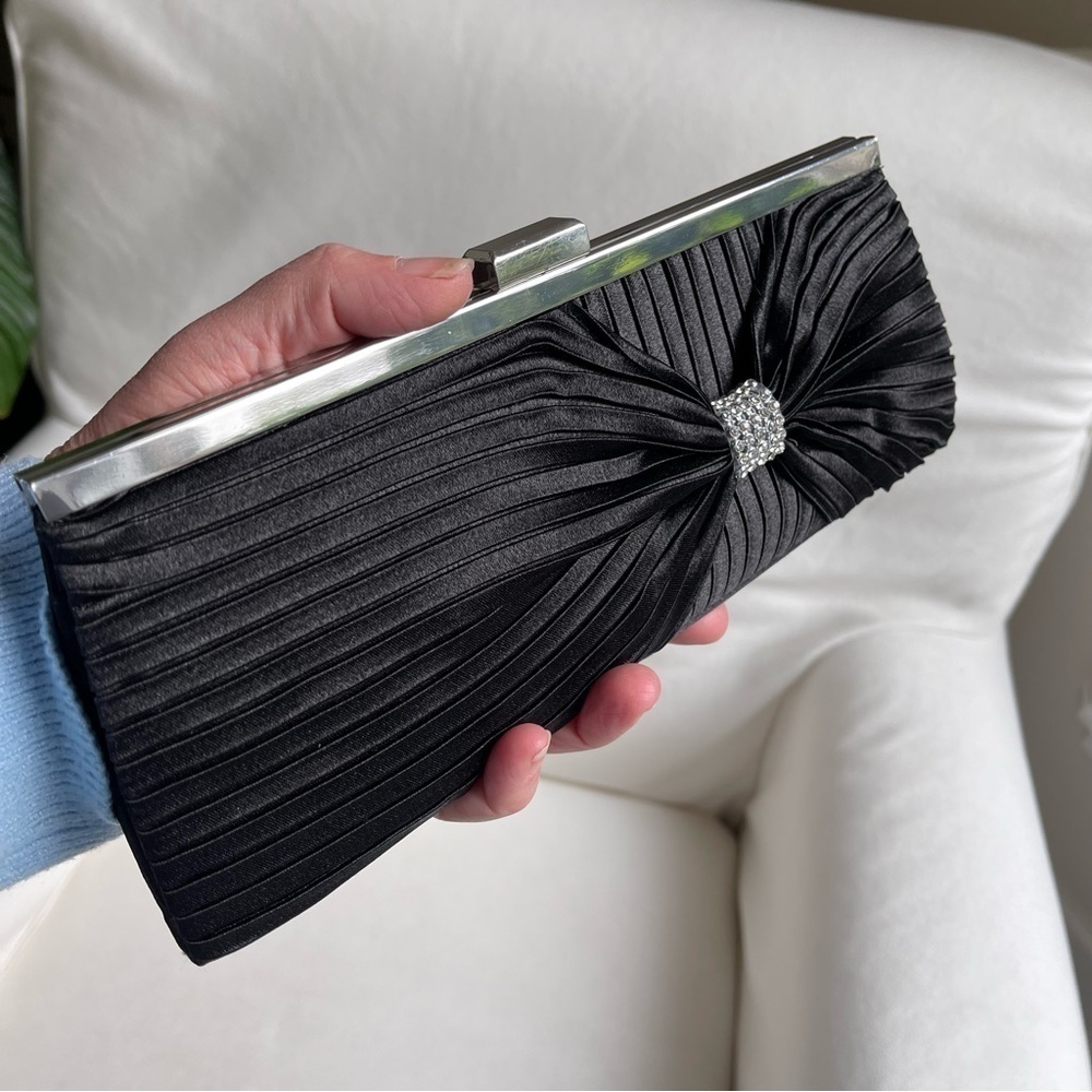ABS Allen Schwartz Black Satin Evening Bag Clutch Shoulder Crossbody Rhinestone